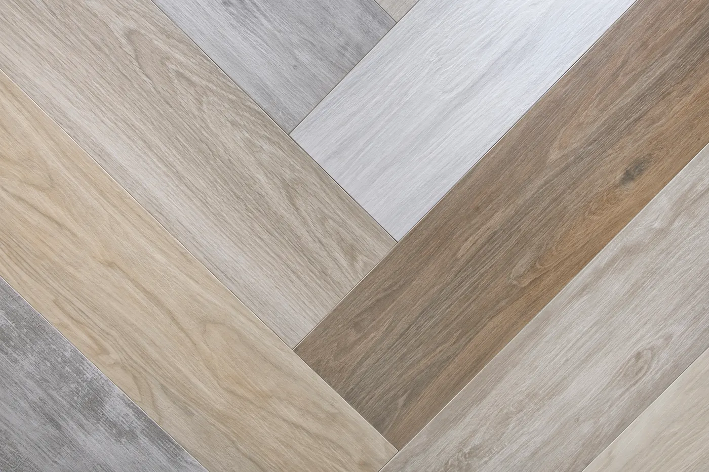 A herringbone wood-look floor