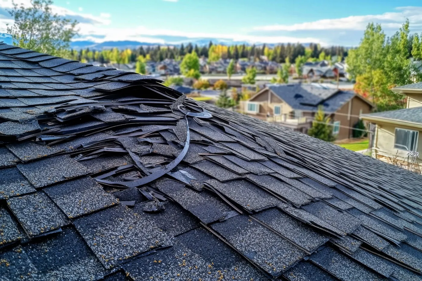 Storm-torn asphalt shingles on a suburban roof